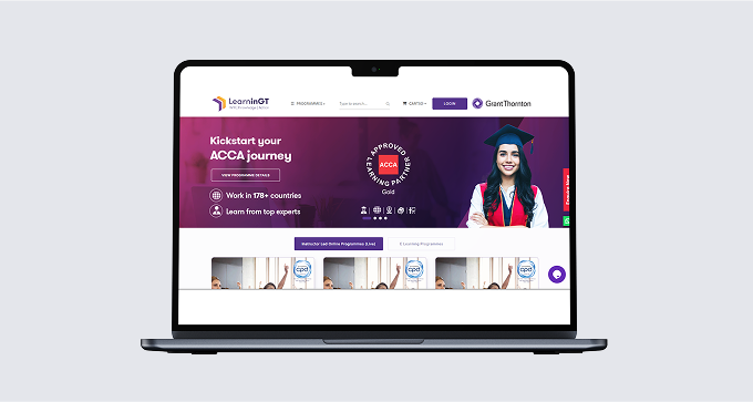 Aquilon Tech Grant Thornton LMS. A laptop displaying the LearninGT platform's homepage, featuring an ACCA program banner, a student in a graduation cap, and "ACCA Approved Learning Partner" badge.