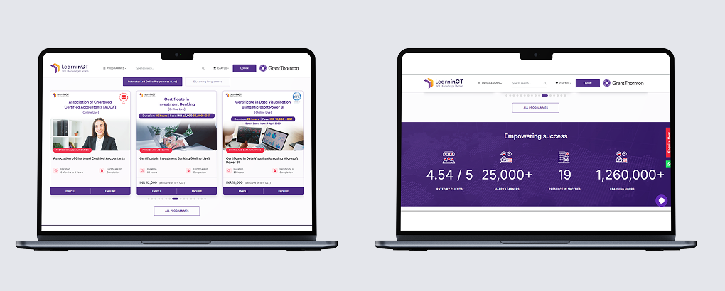 Aquilon Tech Grant Thornton LMS. Two laptop screens displaying the "LearninGT" digital learning platform by Grant Thornton, showcasing course catalogs and key performance metrics.