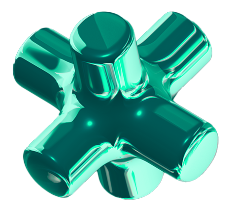 A glossy, emerald green, three-dimensional abstract shape resembling a rounded asterisk or helix, set against a light gray background.